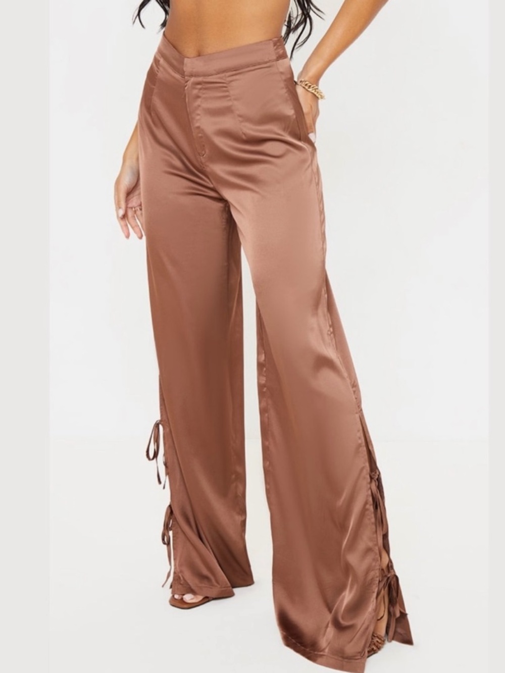 Brown Satin Wide Leg Lace-Up Pants